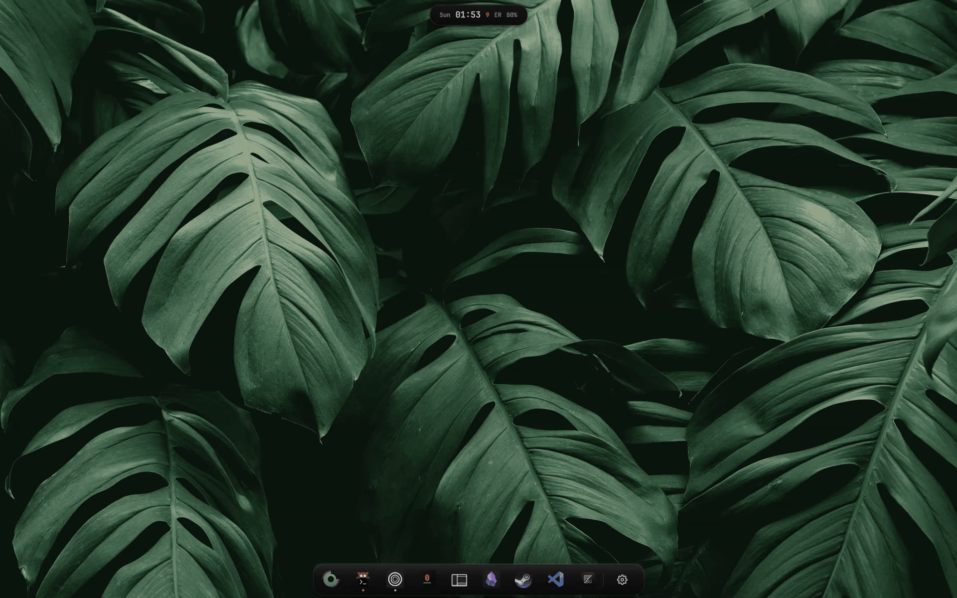 A full Ukishima desktop: the pill opens the launcher, the app list narrows to Firefox as keys are typed, the launcher closes and the power menu opens from the same pill.