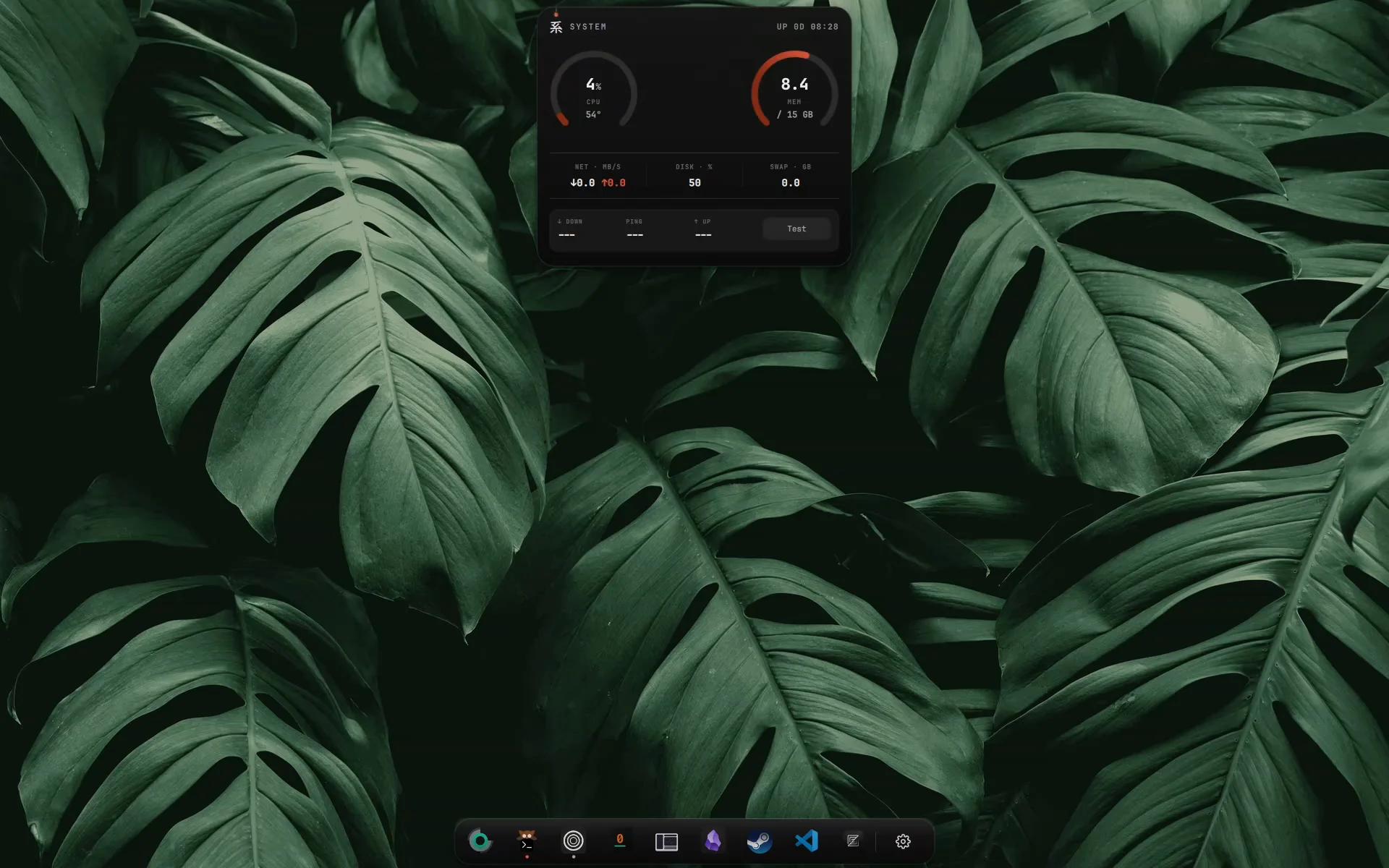 A full Ukishima desktop: the pill at the top of the screen opens the calendar in place, collapses, then opens the system monitor over the same desktop.
