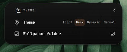 The theme settings with Light, Dark, Dynamic and Manual modes.